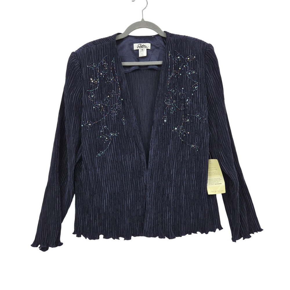 NWT Patra Navy Blue Pleated Beaded Evening Jacket Open Front Size 18 Vintage